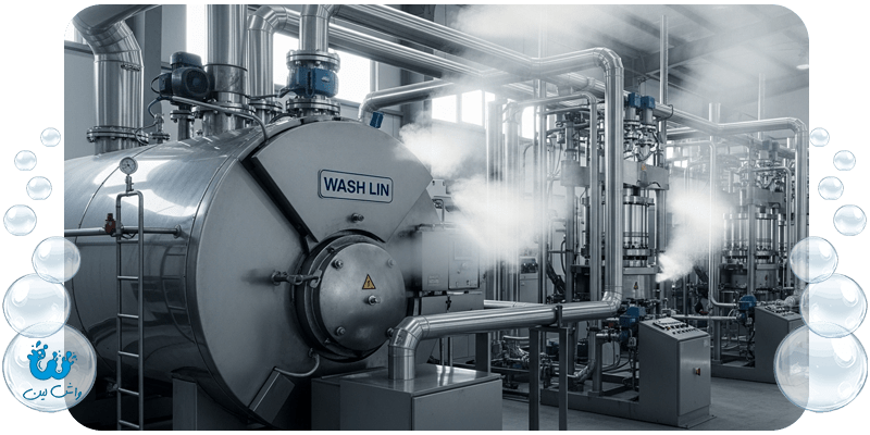 دستگاه دیگ بخار صنعتی در کارگاه مکانیزه، تأمین‌کننده بخار برای تجهیزات اتوکشی؛ نماد زیرساخت حرفه‌ای.