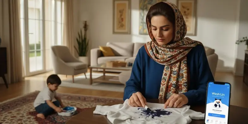 مادر ایرانی در حال بررسی لکه جوهر روی لباس کودک با اپلیکیشن واشلین آموزش پاک کردن لکه جوهر خودکار