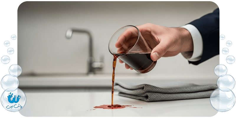 فلوچارت اینفوگرافیک مراحل اولیه پاک کردن لکه خون: جذب، عدم مالش، انتخاب مواد (سرکه، جوش شیرین، آب اکسیژنه) و استفاده از آب سرد.