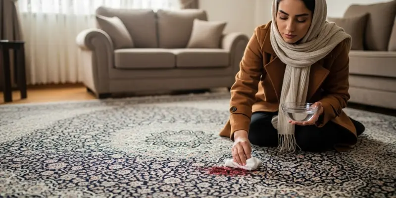 زنی ایرانی در حال بررسی و آمادهسازی برای پاک کردن لکه خون خشک شده از روی فرش نفیس با استفاده از روشهای خانگی آموزش پاک کردن لکه خون
