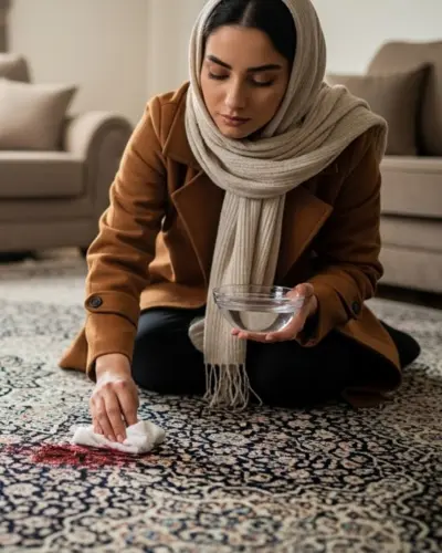 زنی ایرانی در حال بررسی و آمادهسازی برای پاک کردن لکه خون خشک شده از روی فرش نفیس با استفاده از روشهای خانگی آموزش پاک کردن لکه خون