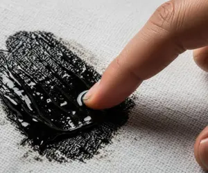 لکه قیر سیاه و چسبنده روی پارچه روشن و دست فردی ایرانی در حال آماده‌سازی برای پاک کردن لکه با روغن گیاهی.