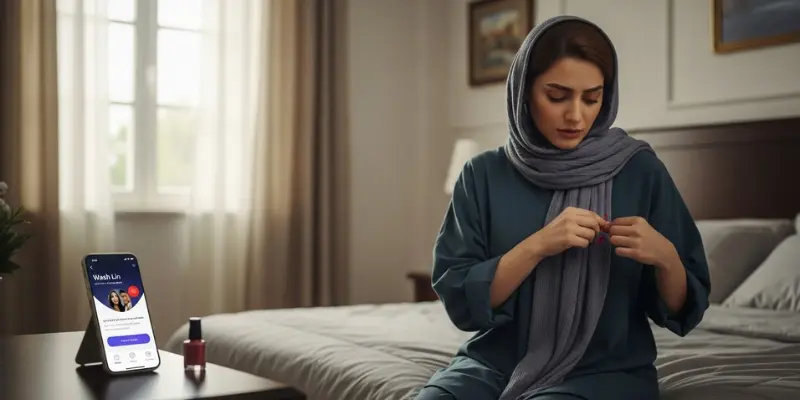 بانوی ایرانی در حال بررسی لکه لاک روی لباس با کمک اپلیکیشن خشکشویی آنلاین واشلین آموزش پاک کردن لکه لاک