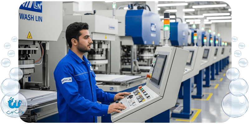 یک کارمند مرد ایرانی با یونیفرم واش‌لین در کارخانه، در حال کار با تجهیزات اتومات خشکشویی و پرس پیشرفته.