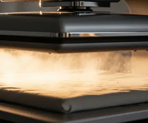 تصویر کلوزآپ از یک دستگاه اتو پرس در حال کار با بخار زیاد، که برای رفع چروک لباس با سیستم‌های الکترونیکی استفاده می‌شود.