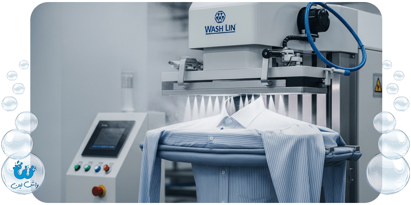 یک دستگاه اتو مانکنی در کارخانه واش‌لین در حال اتو کشی لباس ها با تجهیزات اتومات، که باعث حذف خط اتو می‌شود.