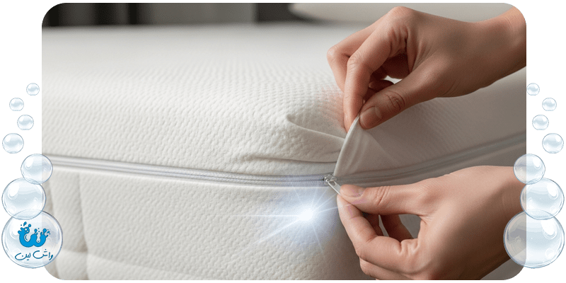دست در حال کشیدن زیپ محافظ تشک ضدآب روی تشک تمیز؛ بهترین راهکار پیشگیری برای جلوگیری از ایجاد لکه.