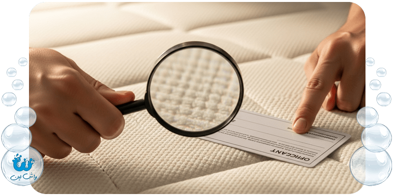 فردی در حال بررسی برچسب گارانتی تشک با ذره‌بین؛ نماد اهمیت مطالعه دستورالعمل‌ها قبل از شروع فرآیند پاکسازی.