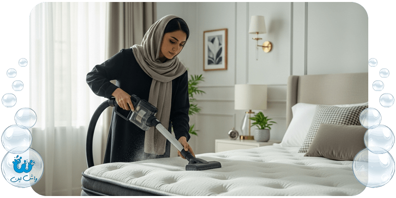 زن ایرانی با حجاب در حال جاروبرقی کشیدن سطح تشک با سری مخصوص؛ نمایش مرحله اول نظافت و حذف گرد و غبار.