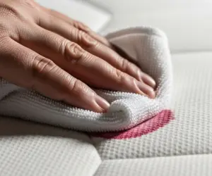 دست در حال ضربه زدن با پارچه سفید برای جذب لکه تازه از روی تشک؛ نمایش اولین اقدام صحیح برای جلوگیری از پخش شدن لکه.