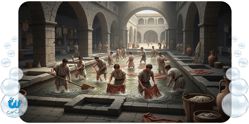 تصویر بازسازی‌شده از یک فولونیکا در رم باستان، که تاریخچه شستشوی لباس و لگد کردن آن در حوضچه‌ها را نشان می‌دهد.
