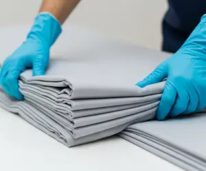 دست متخصص واش‌لین در حال تا کردن دقیق پرده شسته شده؛ نماد دقت و کیفیت در خدمات تخصصی نظافت پرده‌ها.