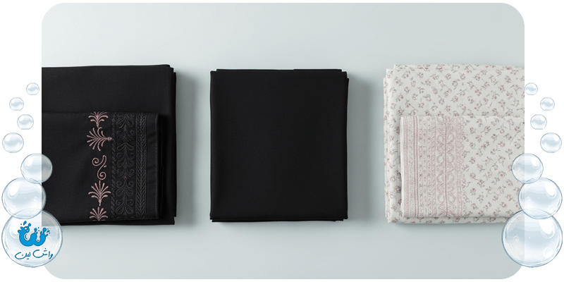 نمایش انواع چادر ایرانی، عربی و نماز، که نیاز به خشکشویی چادر با روش‌های مختلف را نشان می‌دهد.