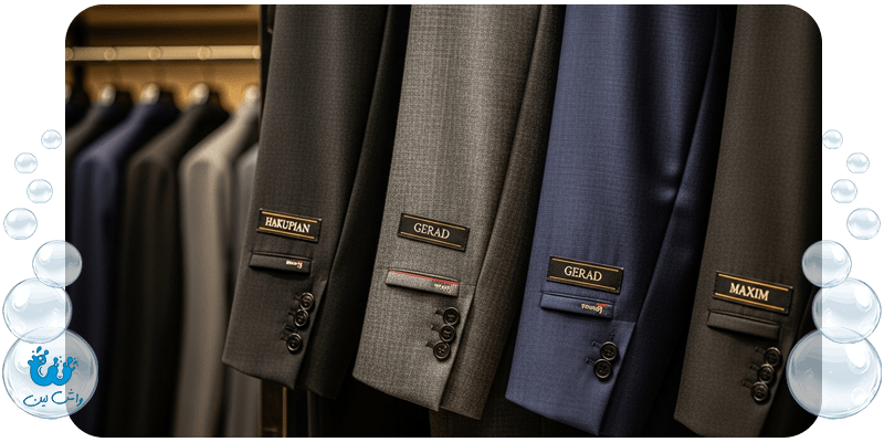 ردیفی از کت و شلوارهای برندهای باکیفیت ایرانی شامل هاکوپیان، گراد و ماکسیم در یک فروشگاه.