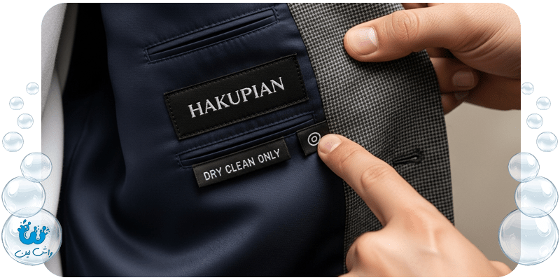 یک مرد ایرانی در حال خواندن برچسب مراقبت یک کت هاکوپیان که نماد "فقط خشکشویی" را نشان می‌دهد.