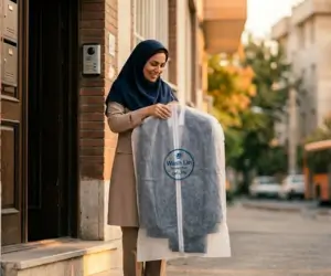 یک خانم ایرانی با حجاب که با لبخند لباس‌های تمیز و اتوکشیده خود را از خدمات خشکشویی واش لین تحویل می‌گیرد.