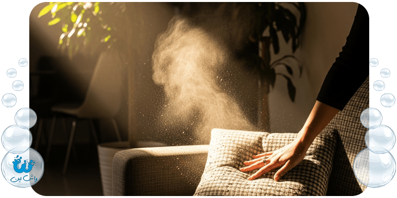 دستی در حال ضربه زدن به کوسن مبل که ابری از گرد و خاک از آن بلند می‌شود، نماد کثیفی مبل به دلیل آلودگی.