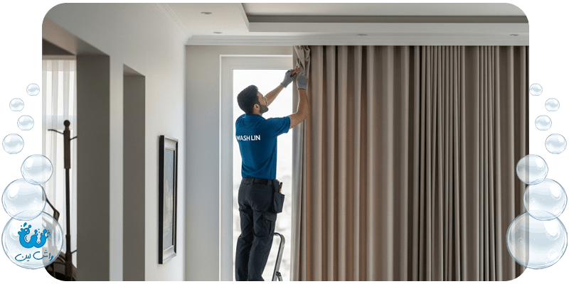 کارشناس واش‌لین در حال باز کردن دقیق پرده از میله در منزل مشتری؛ نمایش سرویس راحت و تخصصی جداسازی پرده‌ها.