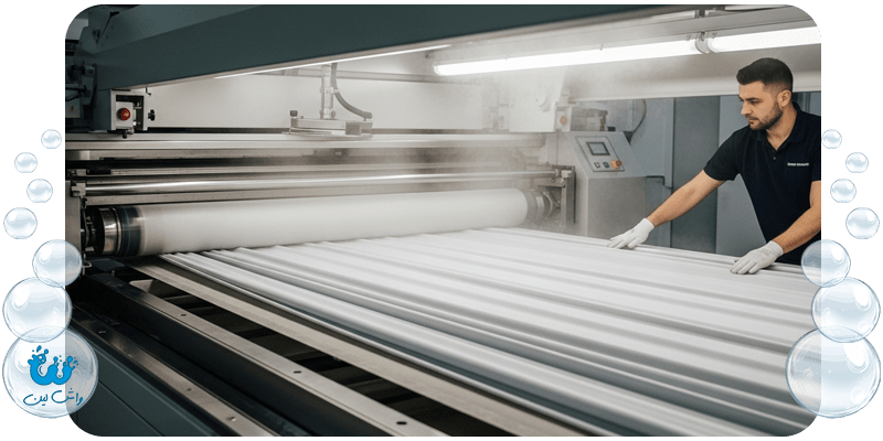 اتوکشی حرفه‌ای پرده با دستگاه پرس بخار صنعتی در کارگاه واش‌لین؛ نمایش فرآیند صاف کردن بی‌نقص منسوجات بزرگ.