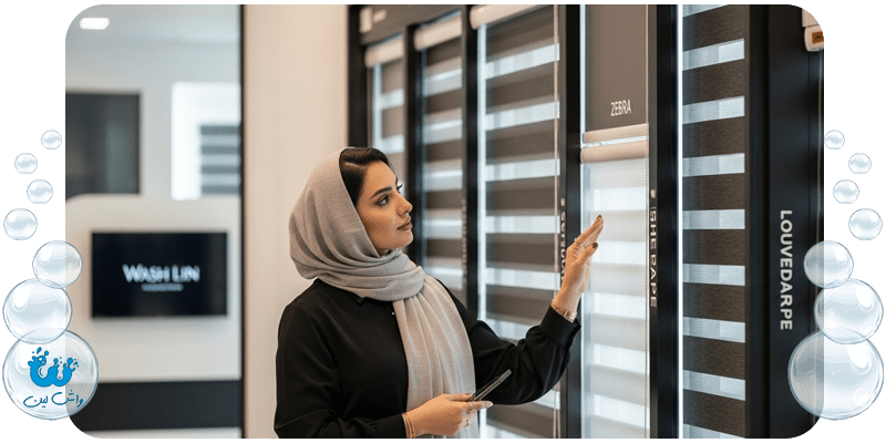 یک خانم ایرانی با حجاب در حال مقایسه انواع پرده، شامل پرده زبرا، پرده شید و پرده لوردراپه در یک نمایشگاه.