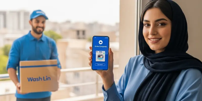 زن ایرانی با حجاب در آپارتمان تهران، رضایت خود را از دریافت سفارش تکمیلشده در اپلیکیشن واشلین نشان میدهد؛ نماد راحتی سرویس درب منزل. خشکشویی آنلاین | راهنمای کامل سفارش از اپلیکیشن واشلین