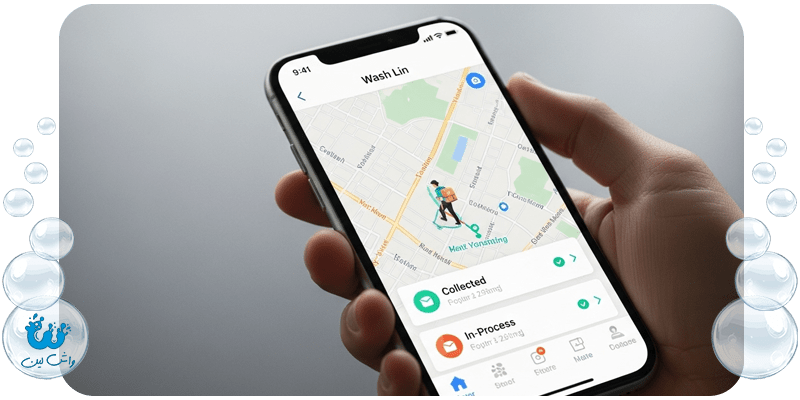 صفحه اپلیکیشن واشلین با نقشه پویا و پیگیری زنده وضعیت سفارش؛ نمایش شفافیت در ارائه خدمات اینترنتی لباسشویی.