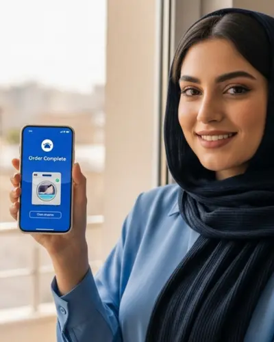 زن ایرانی با حجاب در آپارتمان تهران، رضایت خود را از دریافت سفارش تکمیلشده در اپلیکیشن واشلین نشان میدهد؛ نماد راحتی سرویس درب منزل. خشکشویی آنلاین | راهنمای کامل سفارش از اپلیکیشن واشلین