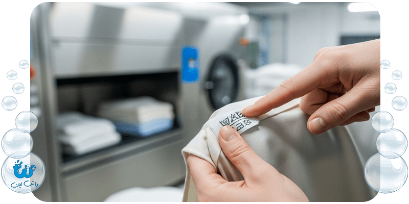 متخصص واشلین در حال بررسی دقیق برچسب مراقبتی لباس پیش از شستشو؛ تاکید بر تخصص در سرویس آنلاین.