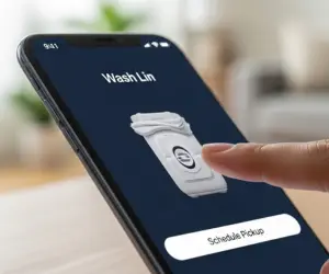 انگشت در حال لمس دکمه ثبت دریافت سفارش در اپلیکیشن مدرن واش‌لین؛ شروع آسان فرآیند سفارش اینترنتی لباسشویی.