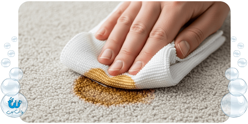 دست در حال گذاشتن پارچه سفید تمیز روی لکه قهوه تازه؛ نمایش روش صحیح ضربه زدن برای جذب لکه بدون پخش شدن آن.