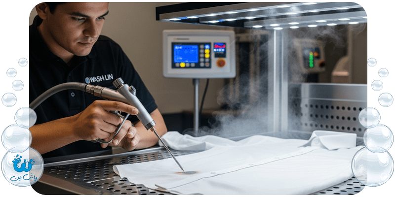 متخصص واش‌لین در حال استفاده از دستگاه لکه‌بری پیشرفته با بخار و مکش؛ نمایش تکنولوژی مدرن در کارگاه مکانیزه.