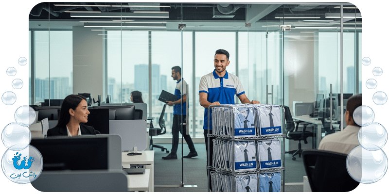پیک واش‌لین در حال تحویل یونیفرم‌های تفکیک‌شده به بخش‌های مختلف یک شرکت؛ نمایش خدمات لجستیک سفارشی برای سازمان‌ها.