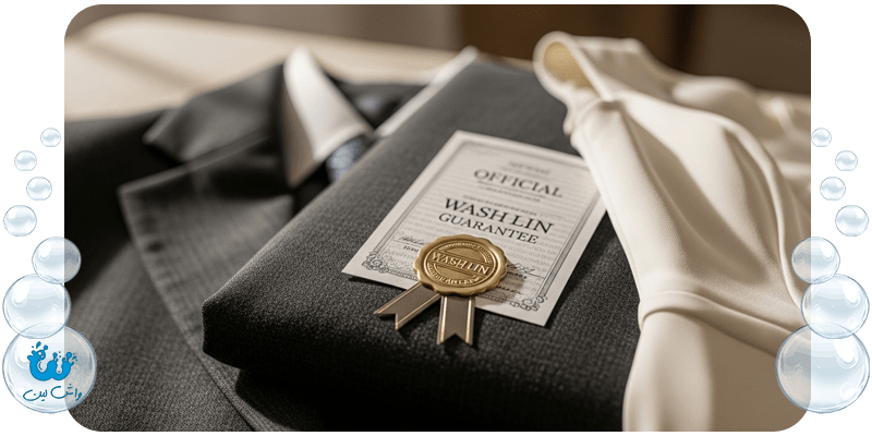 نماد ضمانت کیفیت واش‌لین روی لباس‌های تمیز و گران‌قیمت؛ نشان‌دهنده تعهد و اطمینان در خدمات تخصصی لباسشویی.