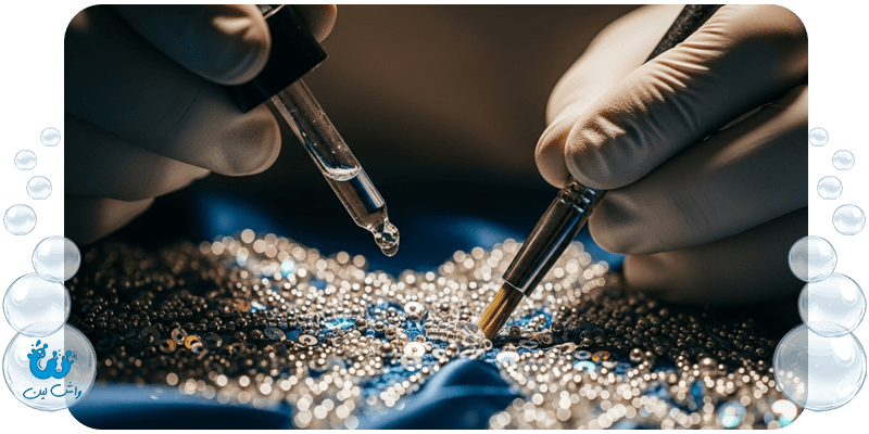 تمیزکاری دقیق اطراف منجوق‌دوزی لباس مجلسی توسط متخصص واش‌لین؛ نمایش مراقبت ویژه از لباس‌های کار شده.