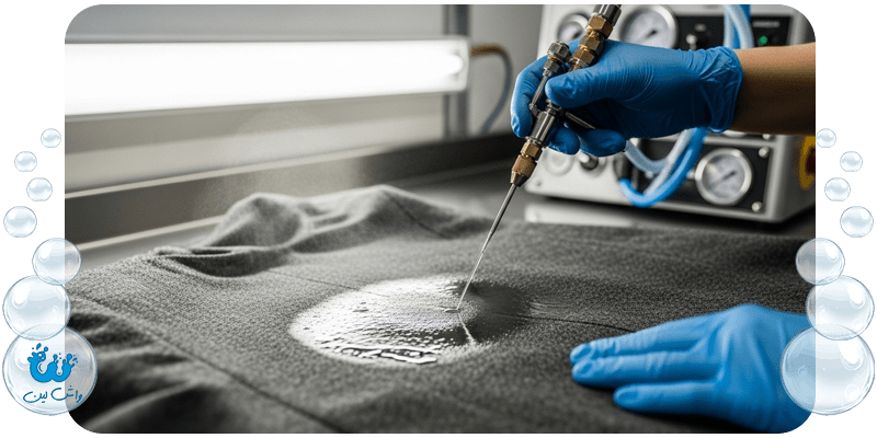 متخصص واش‌لین در حال استفاده از دستگاه لکه‌بری پیشرفته برای لکه روغن قدیمی روی کت؛ نمایش تخصص در خدمات نظافت حرفه‌ای.