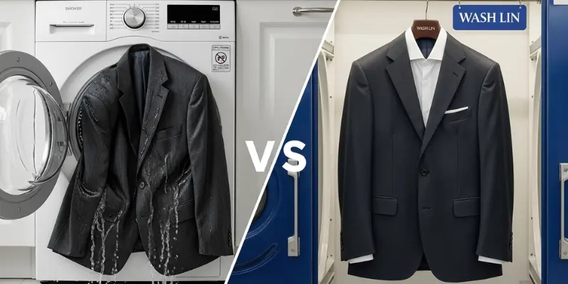 تصویر مقایسهای یک کت و شلوار آسیبدیده پس از شستشوی خانگی خدمات تخصصی شستشوی کت و شلوار + راهنما و ۵ اشتباه ویرانگر خانگی