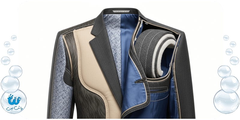 تصویر مفهومی از ساختار داخلی کت و شلوار، شامل لایی، آستر و اپل، که حساسیت آن به آب را نشان میدهد.