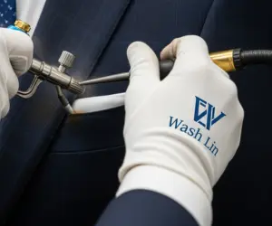 تصویر ماکرو از دست متخصص واش‌لین در حال لکه‌بری دقیق یک کت و شلوار، نماد خشکشویی تخصصی.