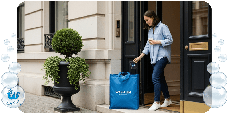 کیسه لباس واشلین آماده برای جمعآوری از درب منزل؛ نماد سرویس سریع، راحت و قابل اعتماد در منطقه قیطریه.