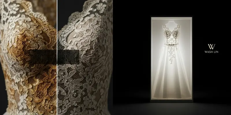 تصویر مقایسهای از زرد شدن لباس عروس در اثر نگهداری نادرست خشکشویی لباس عروس و نگهداری آن (راهنمای کامل)؟ + ۳ اشتباه مهلک در نگهداری