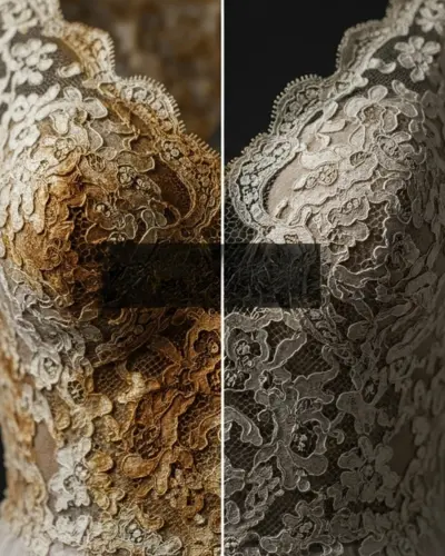 تصویر مقایسهای از زرد شدن لباس عروس در اثر نگهداری نادرست خشکشویی لباس عروس و نگهداری آن (راهنمای کامل)؟ + ۳ اشتباه مهلک در نگهداری