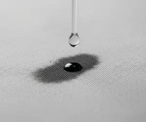 نمای نزدیک از قطره حلال تخصصی در حال اثر بر لکه جوهر روی پارچه کت؛ نماد راهکارهای حرفه‌ای برای لکه‌های سخت.