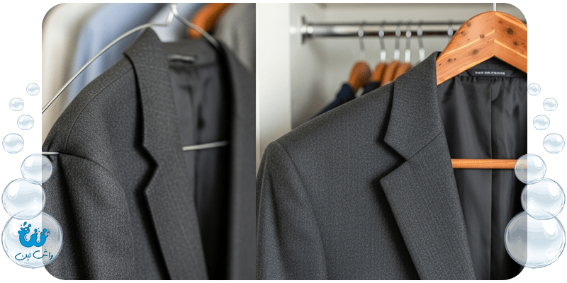 مقایسه چوب‌لباسی سیمی (که به شانه کت آسیب زده) و چوب‌لباسی پهن استاندارد، نماد نگهداری صحیح لباس مجلسی.