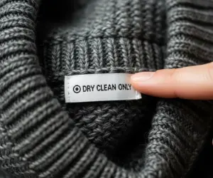 دستی در حال خواندن برچسب مراقبت "فقط خشکشویی" روی یک لباس پشمی، که قانون طلایی لکه‌بری (اول پارچه) را نشان می‌دهد.