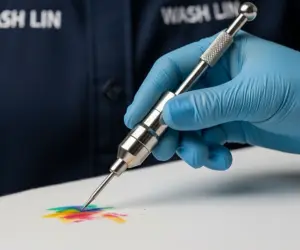 تصویر ماکرو از لکه زدایی حرفه ای پارچه توسط متخصص واشلین، نماد پاک کردن لکه لباس.