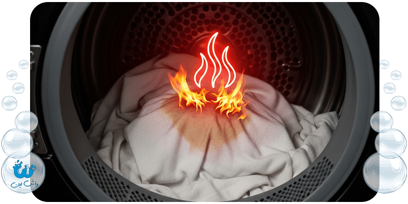 تصویر مفهومی از یک لکه لباس که توسط حرارت خشک‌کن تثبیت می‌شود، یکی از اشتباهات رایج لکه بری.