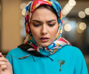 زن ایرانی با حجاب و مانتو شوکه شده از لکه سس روی لباس رنگی - خدمات خشکشویی واش لین