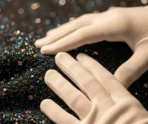 بررسی کیفیت پارچه لباس برند توسط متخصص خشکشویی با دستکش سفید