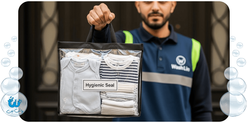 تحویل بهداشتی لباس کودک با بسته‌بندی آنتی‌باکتریال و دارای تهویه توسط خشکشویی واش لین.