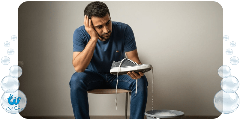 خرابی کفش برند در اثر شستشو با ماشین لباسشویی؛ جدا شدن چسب و تغییر فرم کفش.